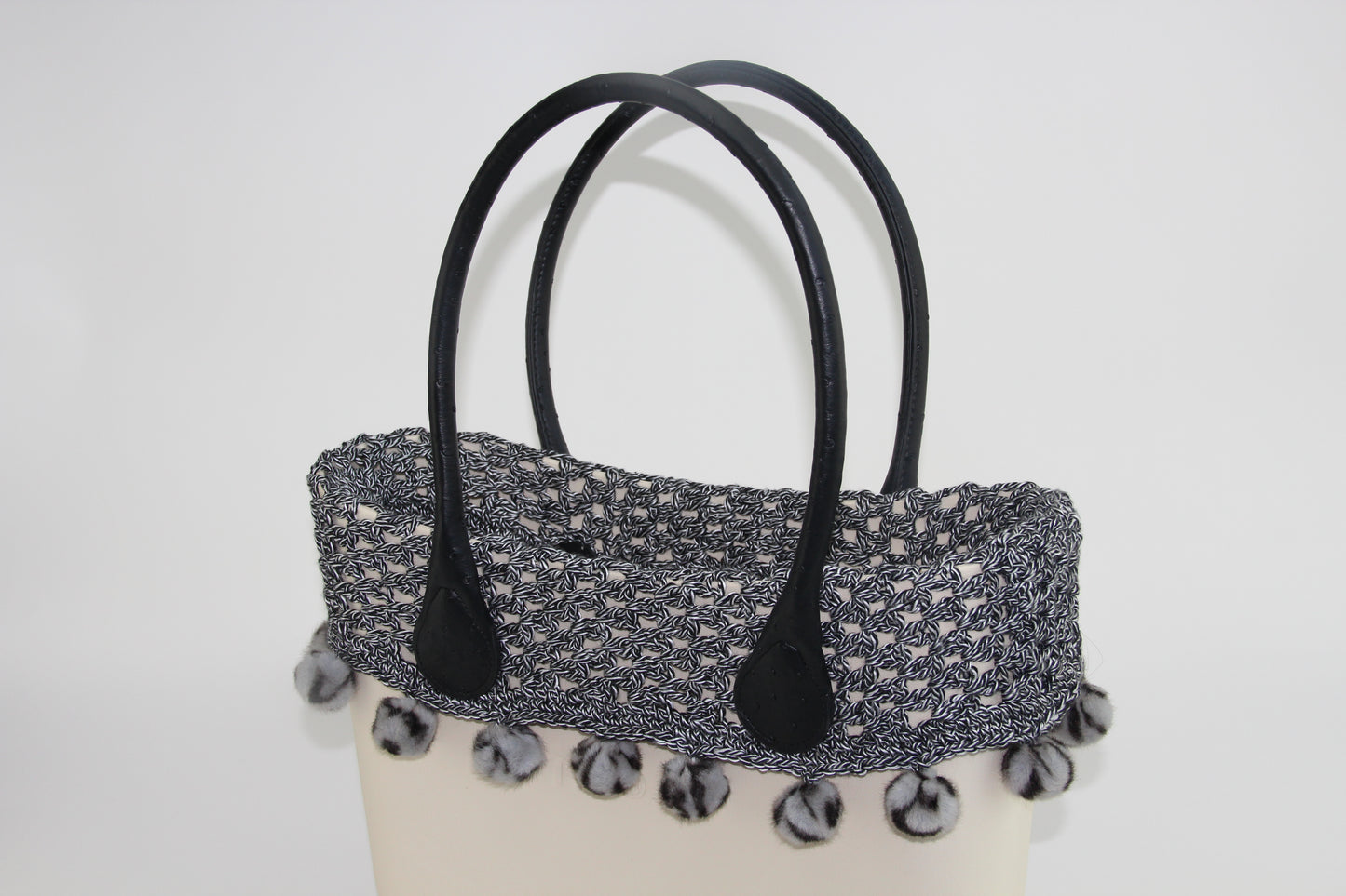 Black & White with Gray Pom Pom Crochet Trim