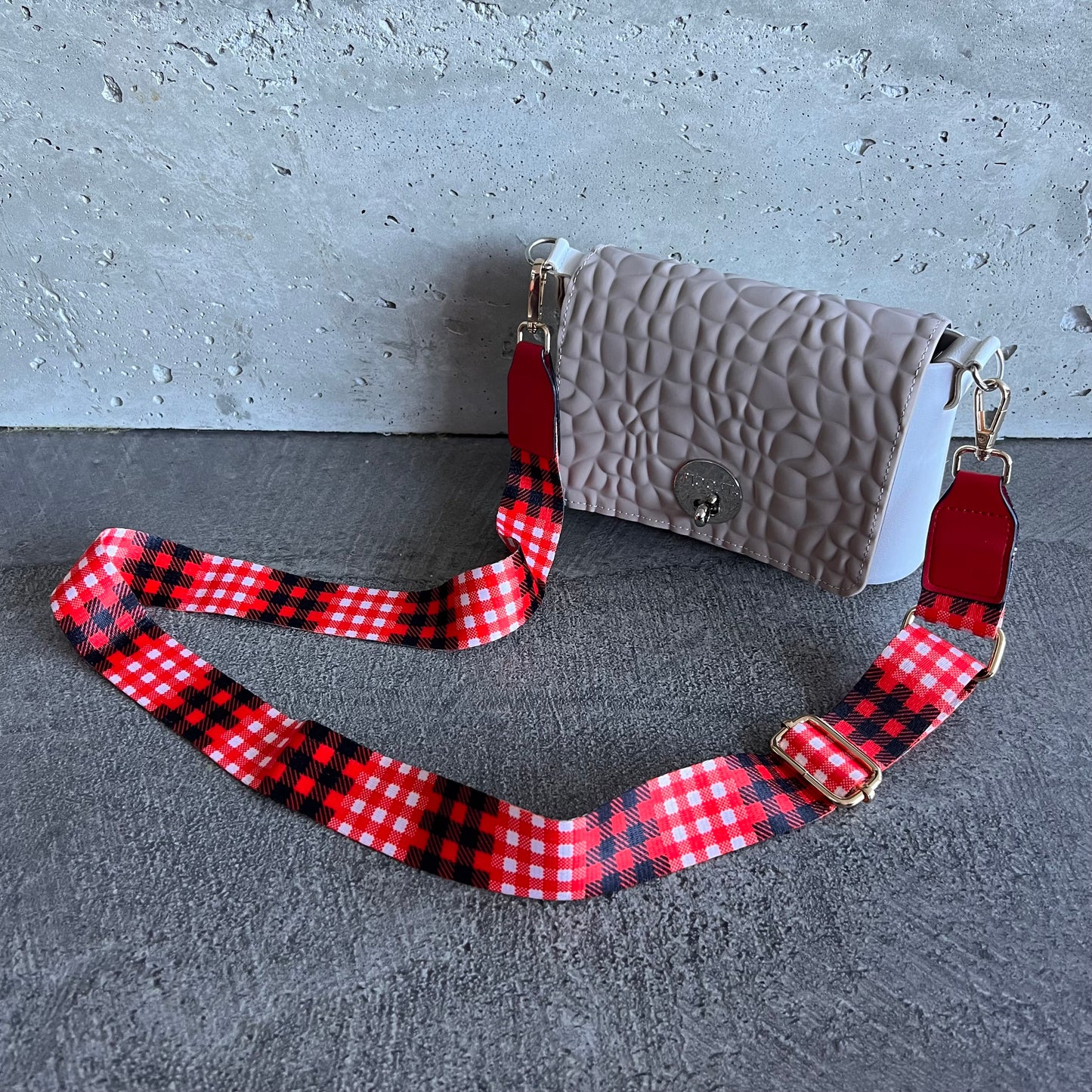 Latte on White with Buffalo Check Strap