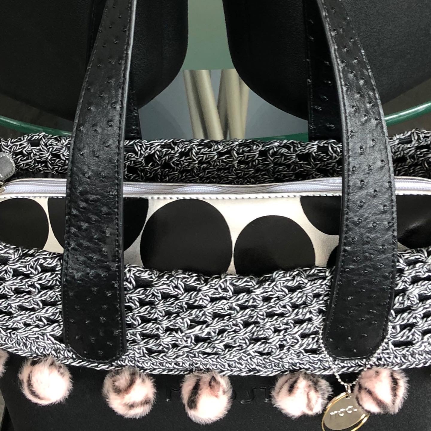 Black & White with Pink Pom Poms Crochet Trim