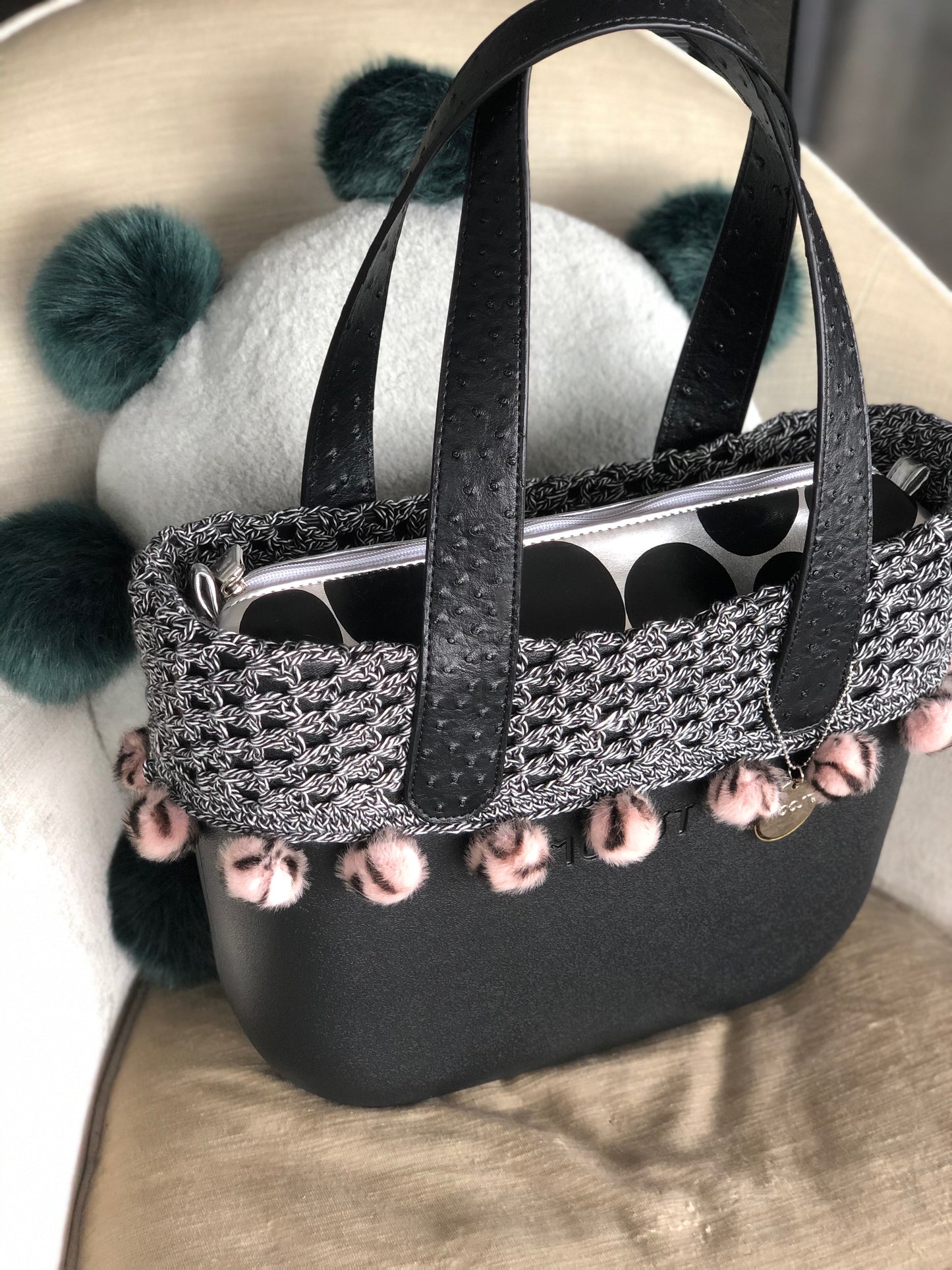 Black & White with Pink Pom Poms Crochet Trim