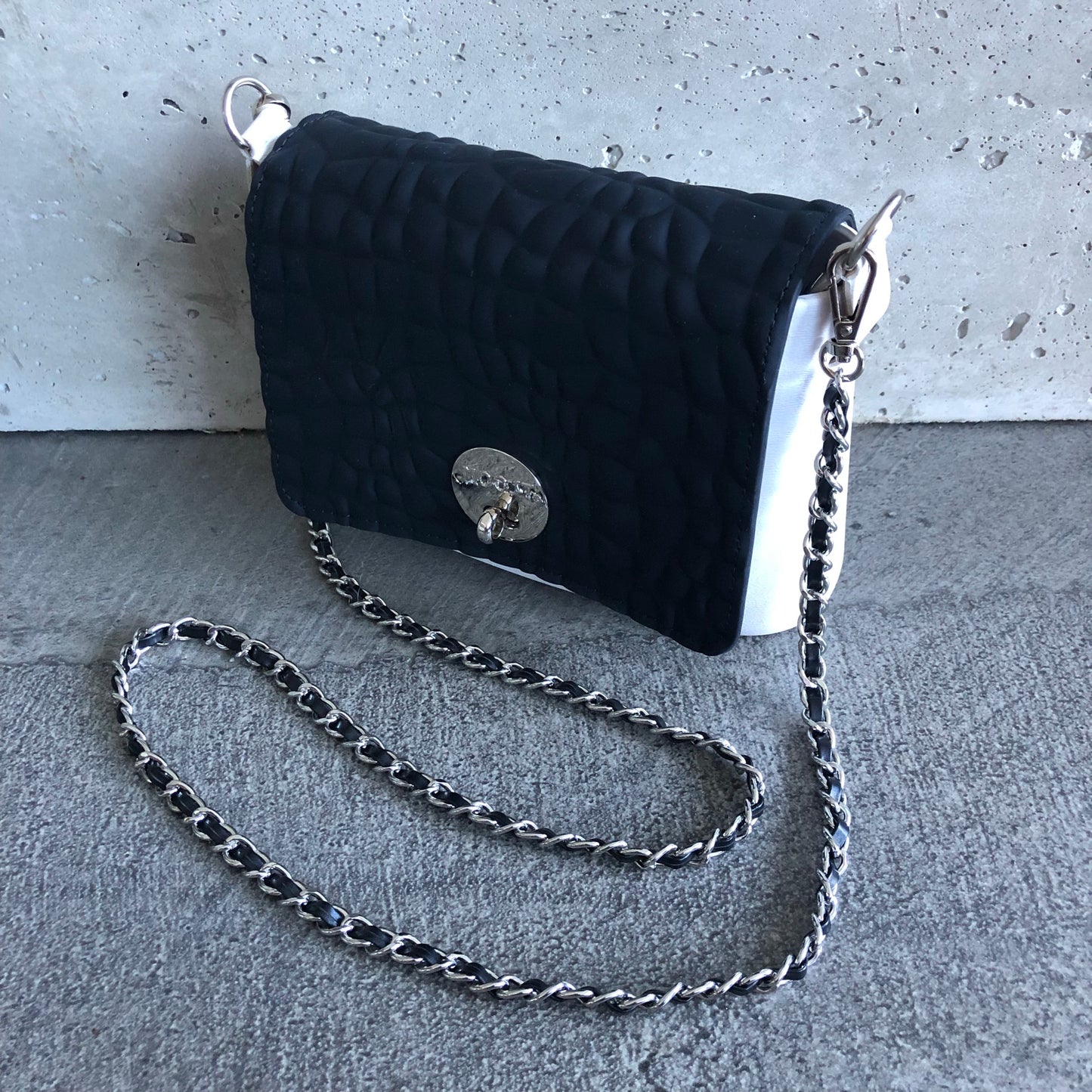 Black on White with Faux Leather Interwoven Chain