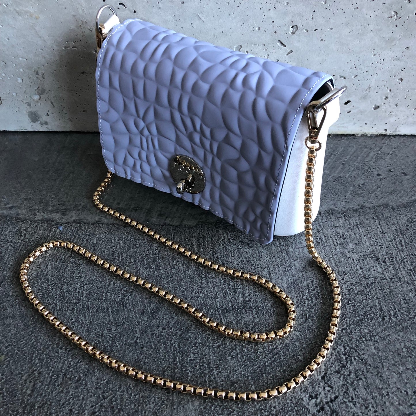 Periwinkle on White with Gold Chain