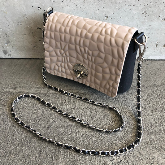 Latte on Black with Black Faux Leather Interwoven Chain