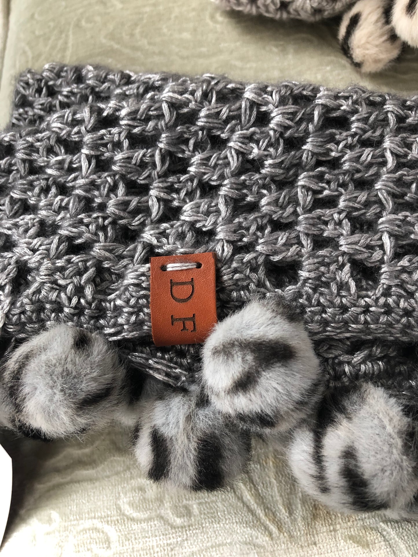 Silver with Gray Pom Pom Crochet Trim