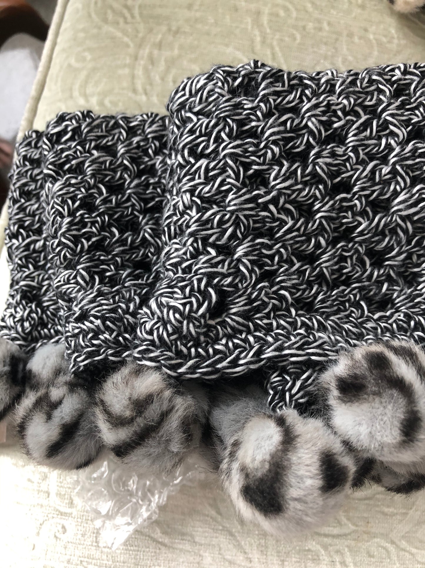 Black & White with Gray Pom Pom Crochet Trim